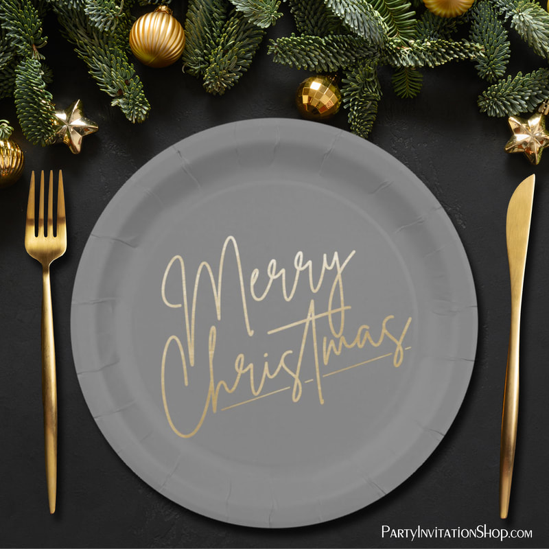 Gold Merry Christmas on Gray Paper Plates