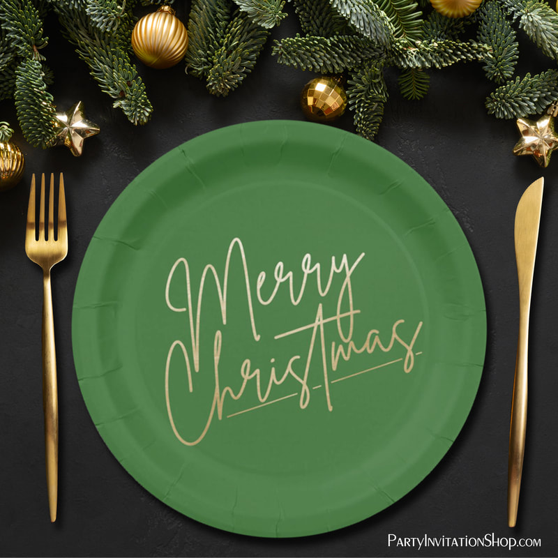 Gold Merry Christmas on Green Paper Plates