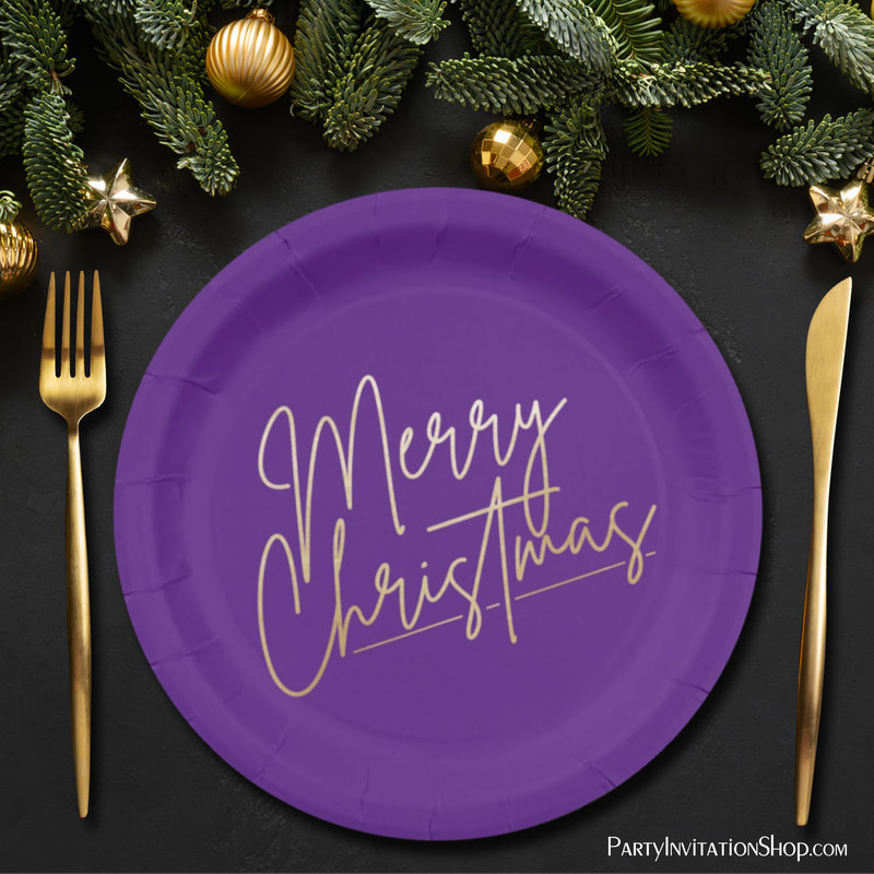 Gold Merry Christmas on Purple Paper Plate