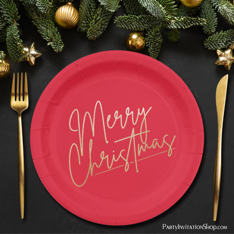 Gold Merry Christmas on Red Paper Plates