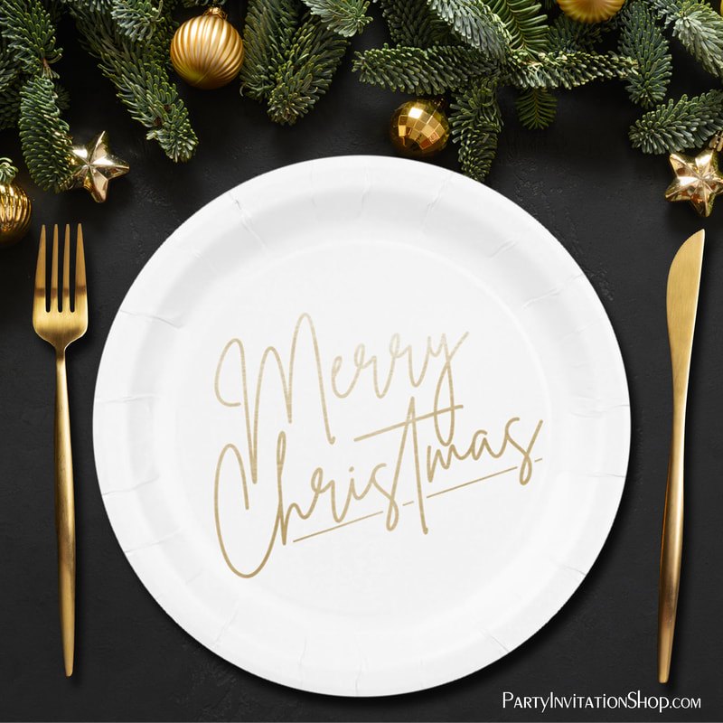 Gold Merry Christmas on White Paper Plates
