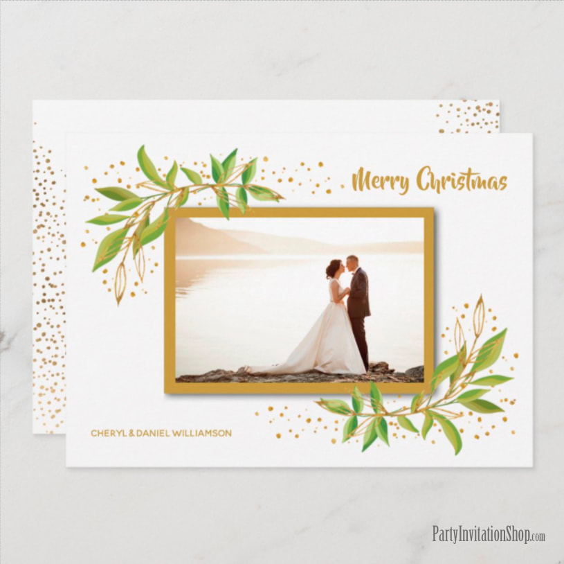 Green and Gold Floral Holiday Photo Cards at PartyInvitationShop.com