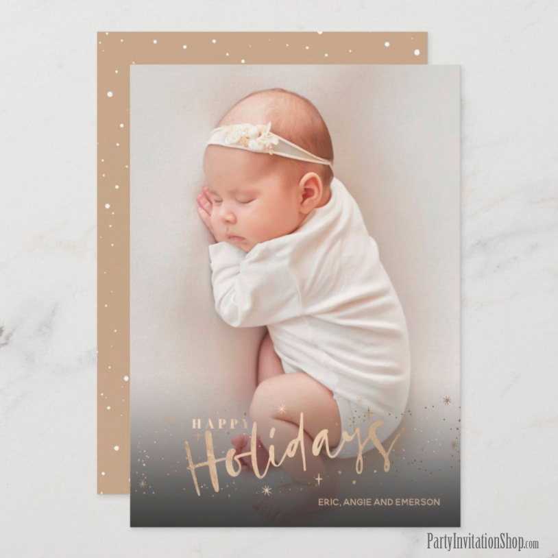 Gold Happy Holidays Photo Birth Announcements