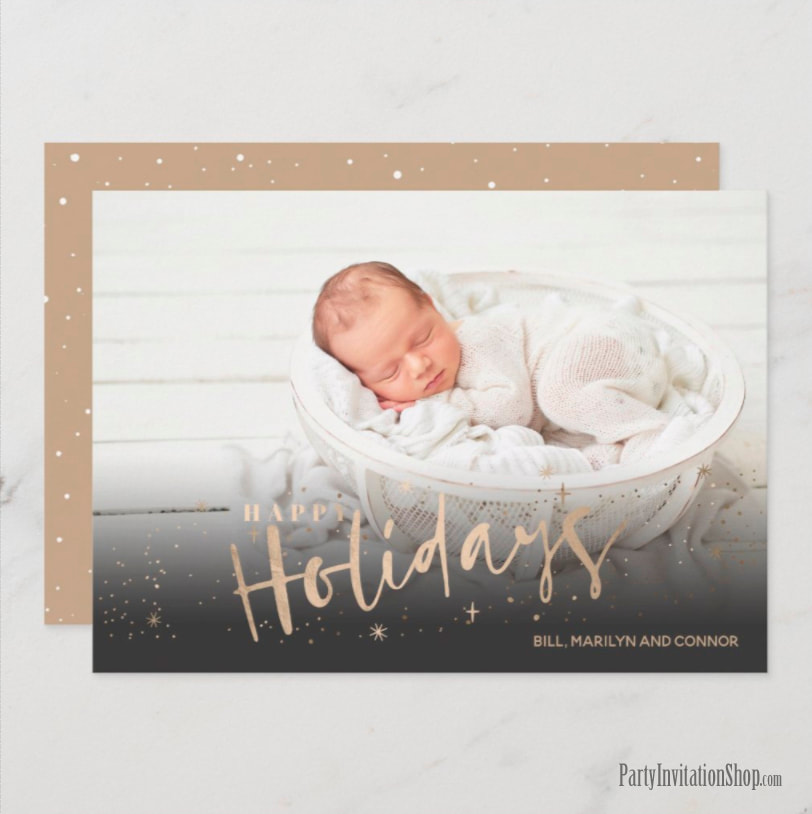 Gold Happy Holidays Photo Birth Announcements