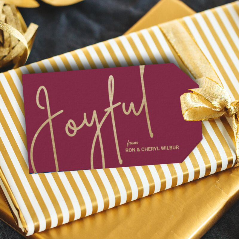 Gold JOYFUL Script on Cranberry Gift Tags