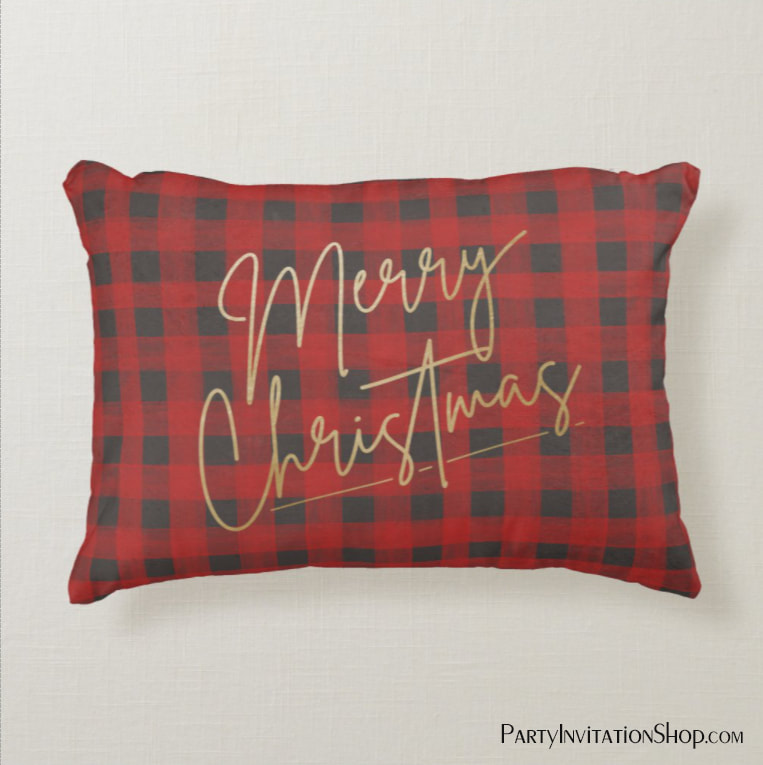 Gold Merry Christmas Red Buffalo Plaid Accent Pillow