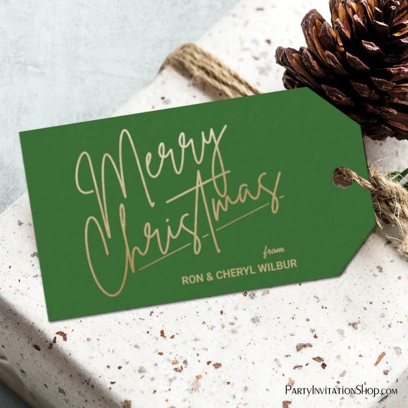 Gold Merry Christmas on Green Gift Tags