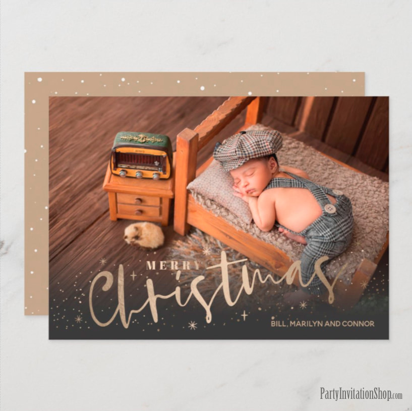 Gold Merry Christmas Photo Birth Announcements