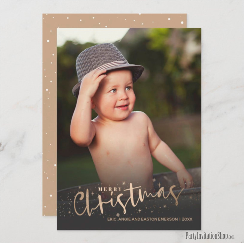 Gold Merry Christmas Holiday Photo Cards at PartyInvitationShop.com