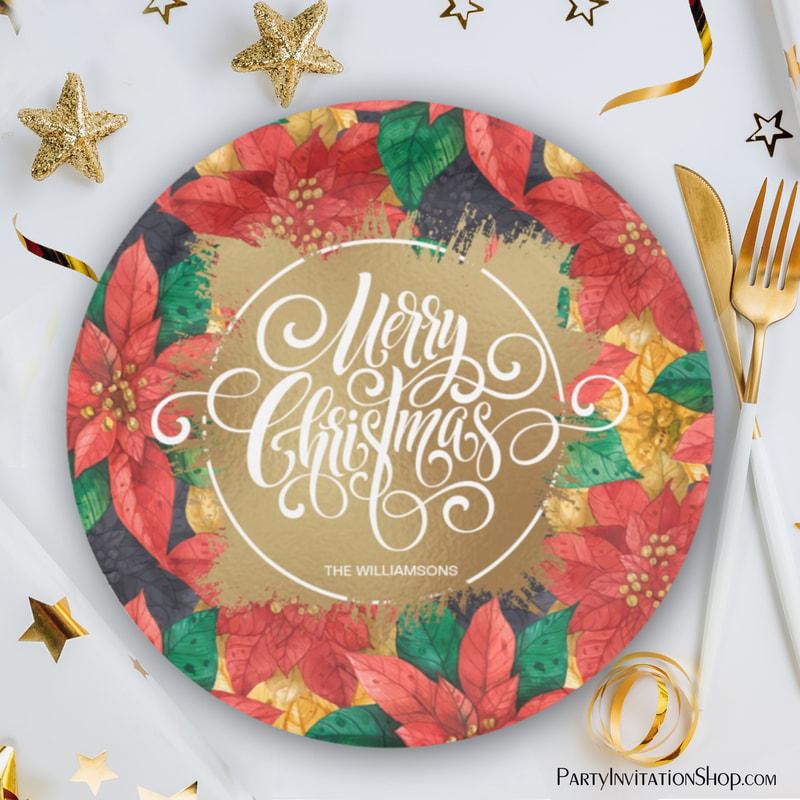 Gold Merry Christmas on Poinsettias Paper Plate