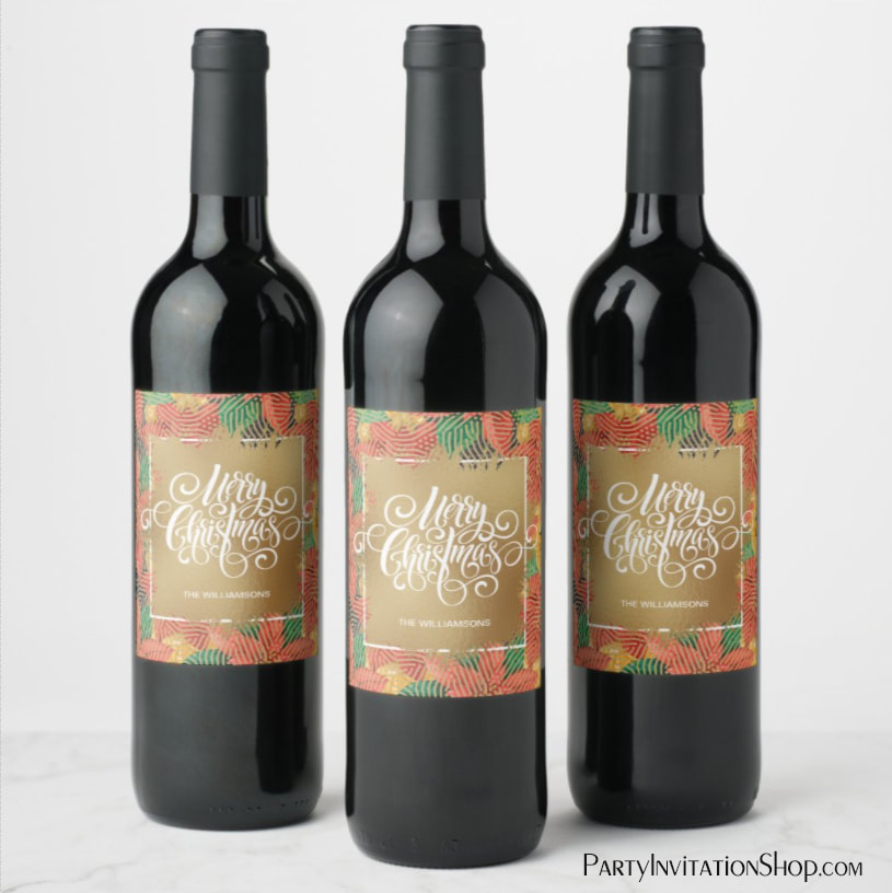 Poinsettias Merry Christmas on Gold Wine Labels