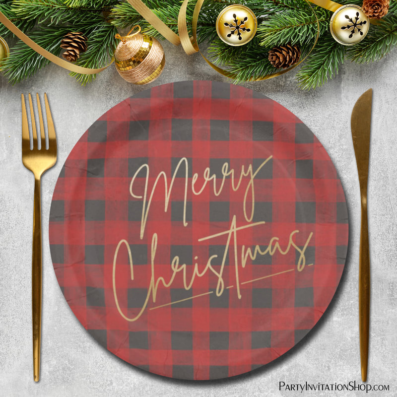 Gold Merry Christmas Red Buffalo Plaid Paper Plate