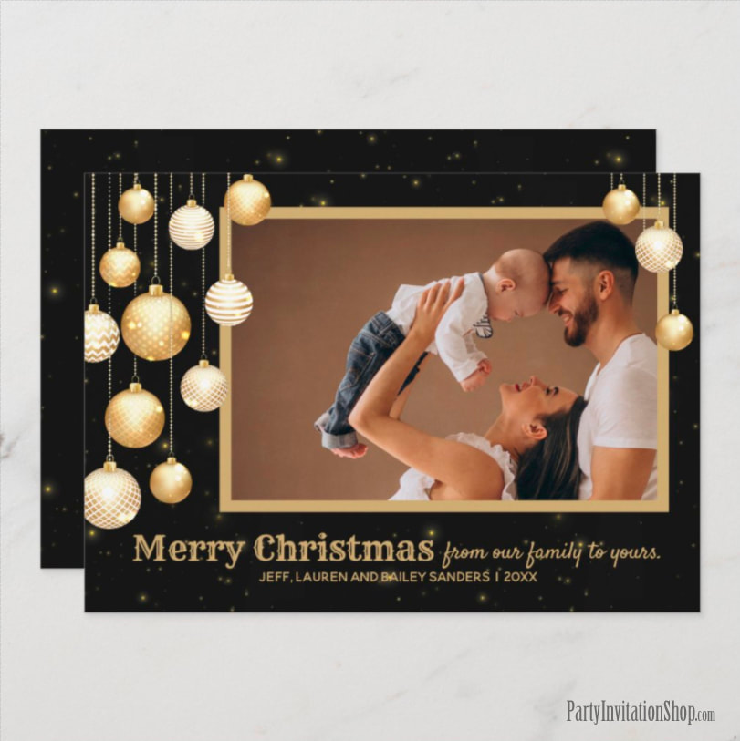 Gold Bauble on Black Christmas Ornament Photo Cards at PartyInvitationShop.com