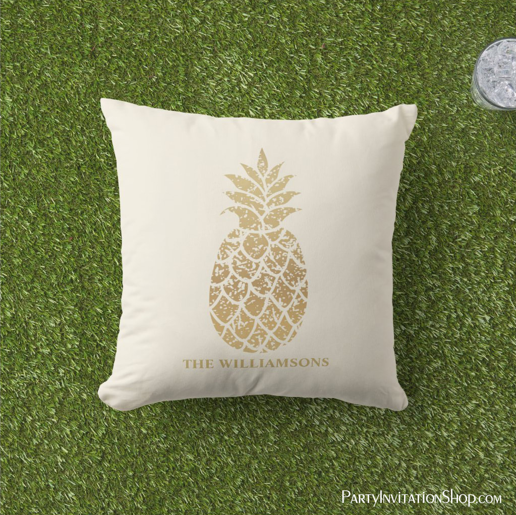 Personalized Gold Pineapples Ivory Outdoor Pillow