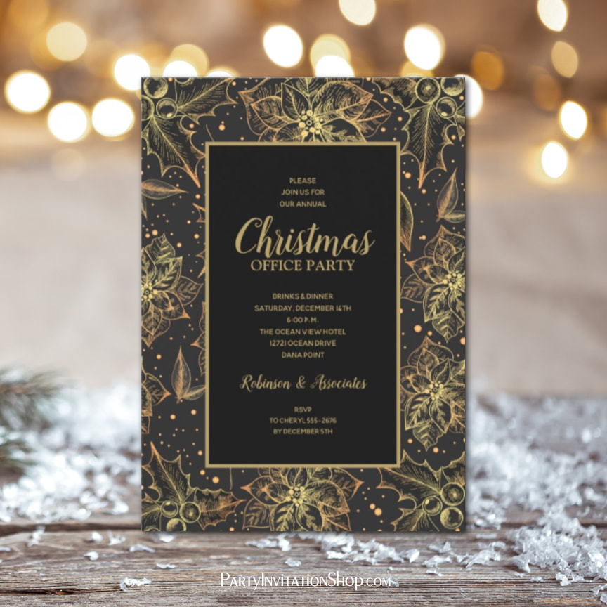 Gold Poinsettias Floral Christmas Invitations