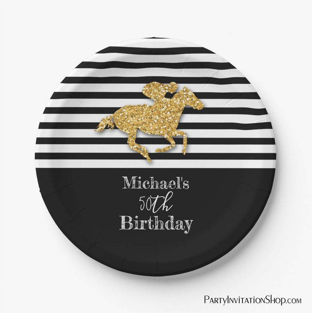 Gold Race Horse Black White Stripes Birthday Paper Plate
