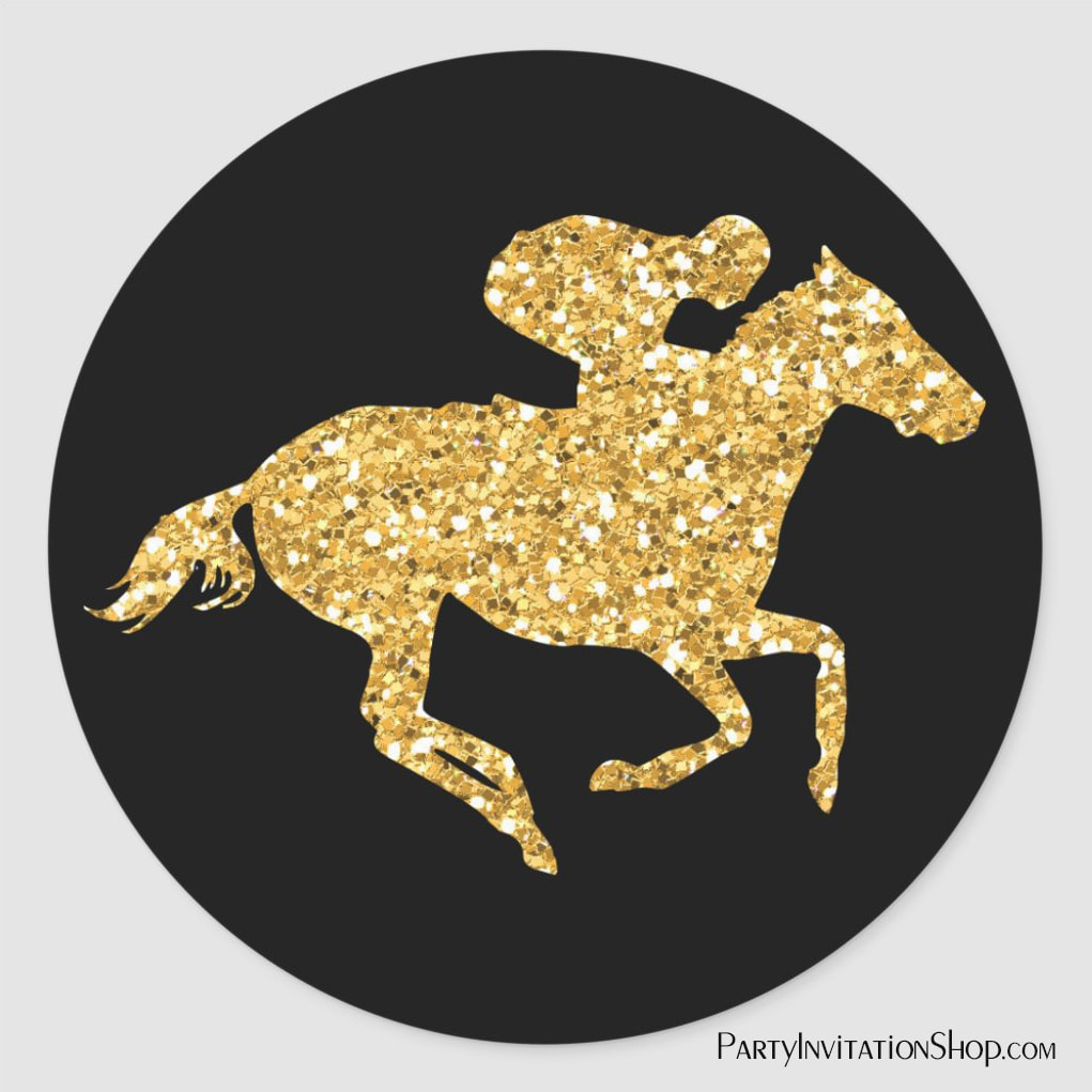 Gold Glitter Race Horse on Black Kentucky Derby Party Round Sticker