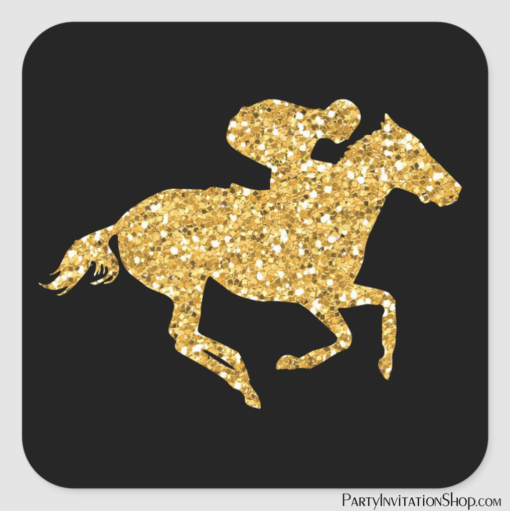Gold Glitter Race Horse on Black Kentucky Derby Party Square Sticker
