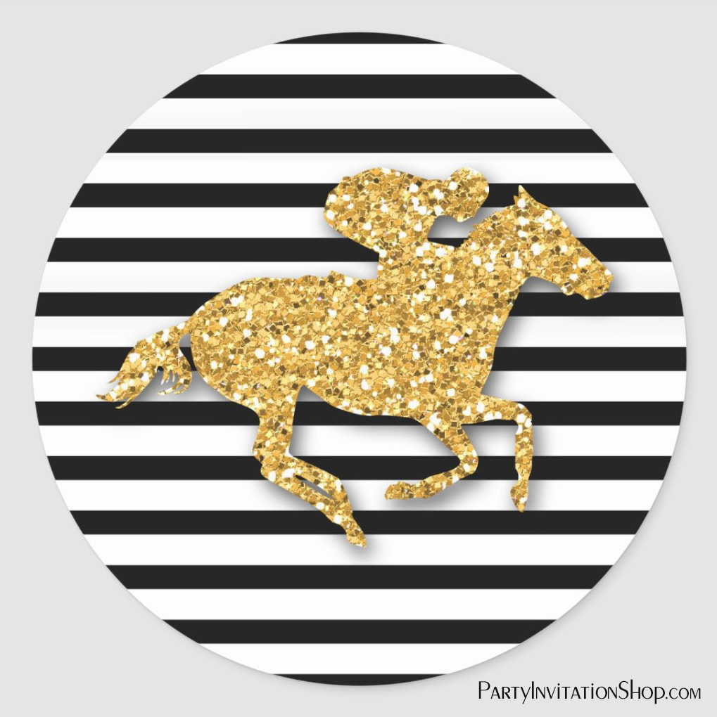 Faux Gold Glitter Horse on Black and White Stripes Classic Round Sticker