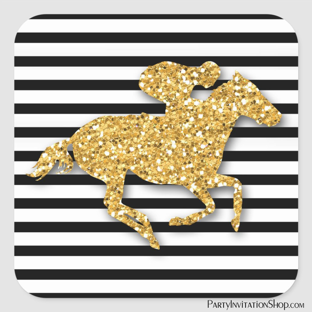 Faux Gold Glitter Derby Horse Black White Stripes Square Sticker