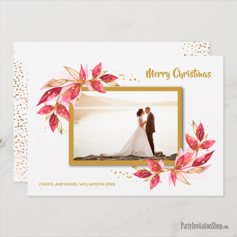 Red and Gold Floral Holiday Photo Cards at PartyInvitationShop.com