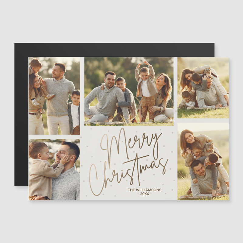 Gold Script Merry Christmas 5 Photo Magnetic Holiday Cards