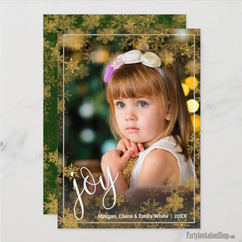 Merry Christmas Gold Snowflakes Holiday Photo Cards at PartyInvitationShop.com