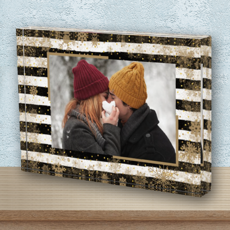 Gold Snowflakes on Black White Stripes Gold Dots Custom Acrylic Photo Block
