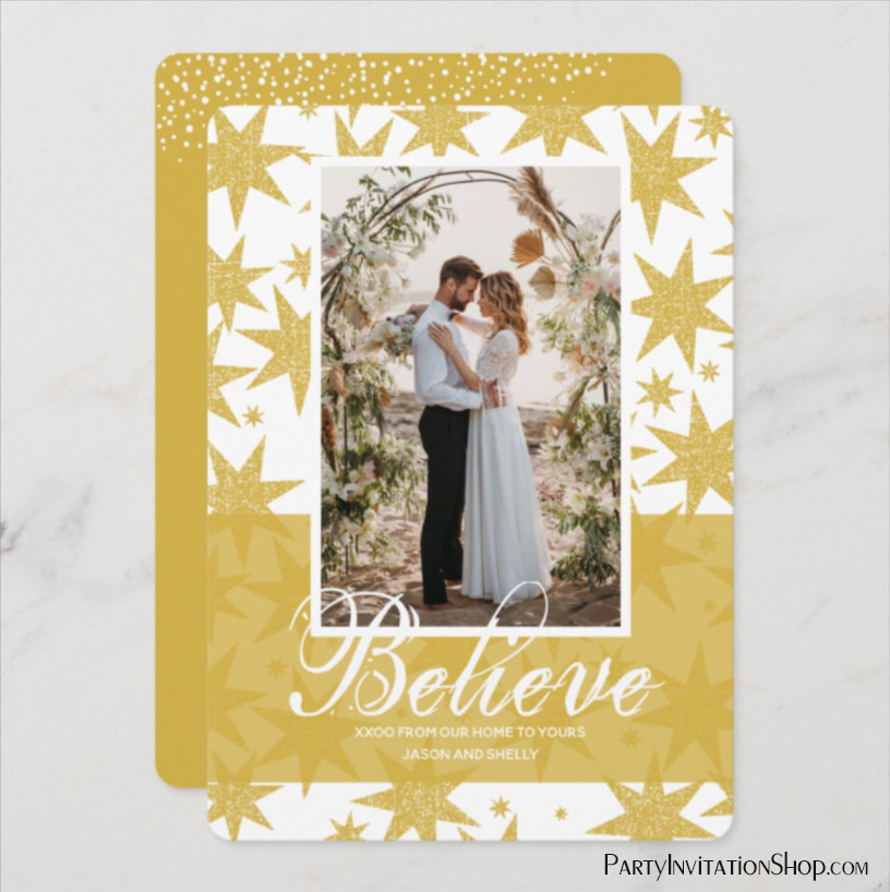 Gold Glitter Stars Christmas Photo Holiday Cards