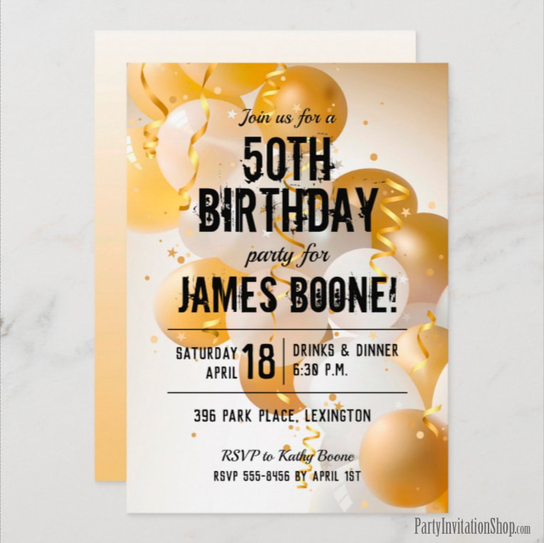 Gold White Balloons Birthday Party Invitations