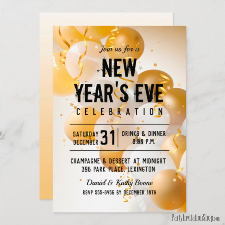 Gold and White Balloons New Year's Eve Invitations