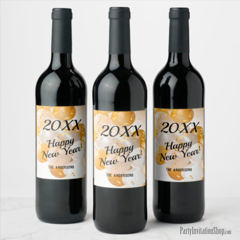 Gold and White Balloons Streamers New Year's Eve Wine Label