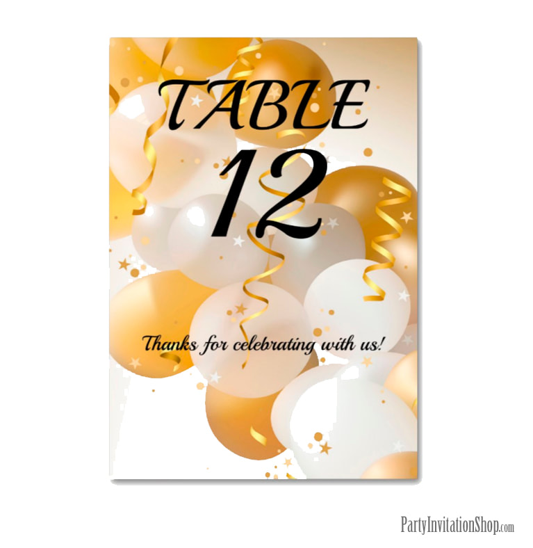 Gold and White Balloons Table Number Cards
