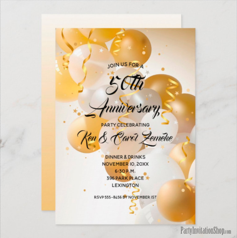 Gold & White Balloons Anniversary Invitations