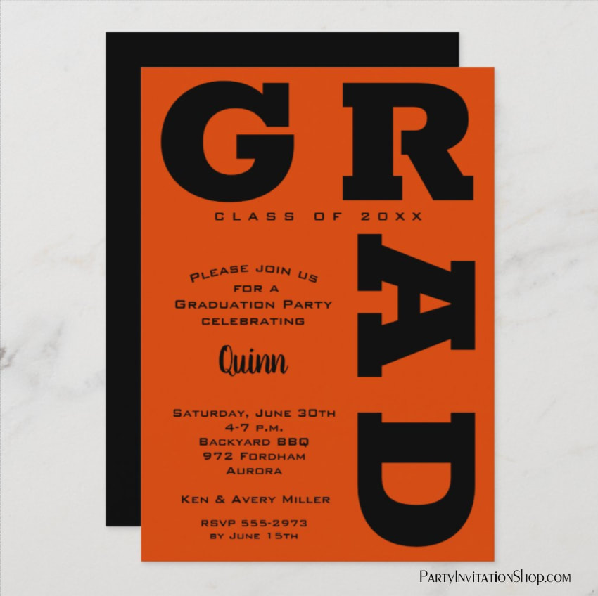 Bold GRAD Black and Orange Graduation Invitations and Announcements