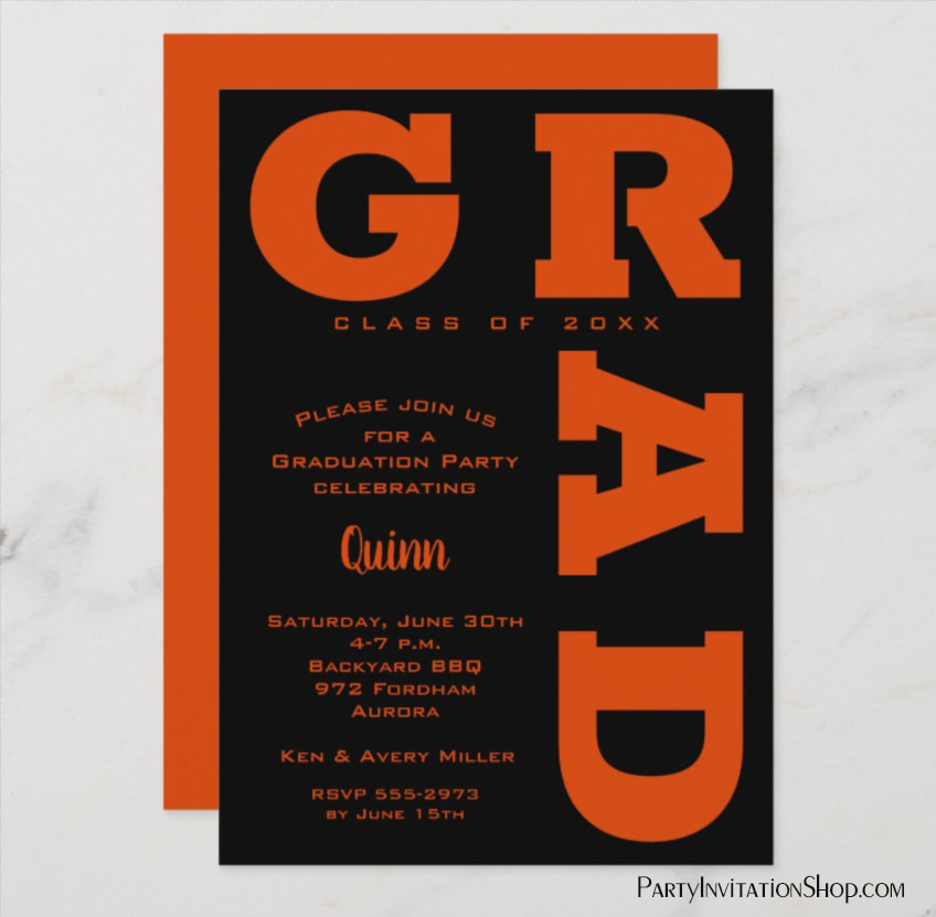 Bold GRAD Orange on Black Graduation Invitations and Announcements