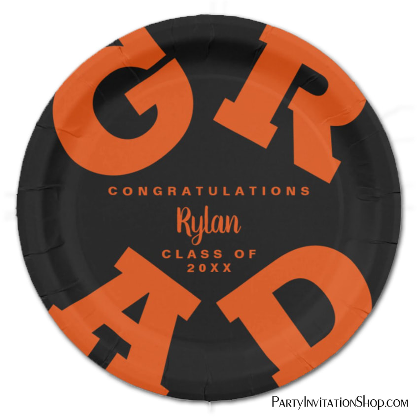 Congrats Orange on Black Graduation Paper Plates