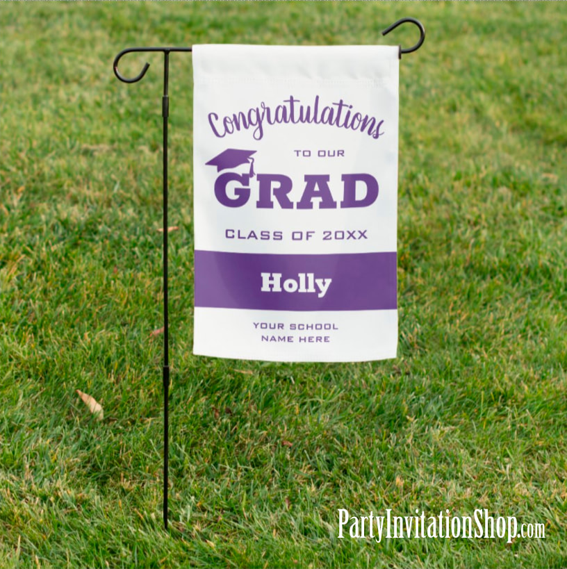Congrats Grad Purple on White Graduation Garden Flag