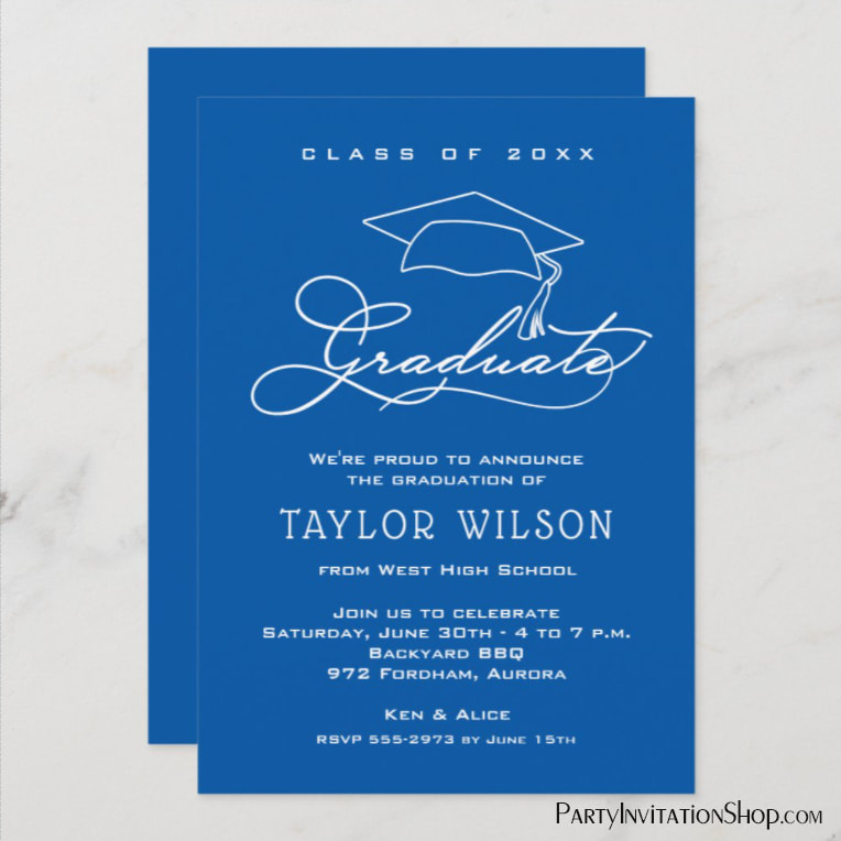 Elegant Script on Blue Graduation Party Invitations