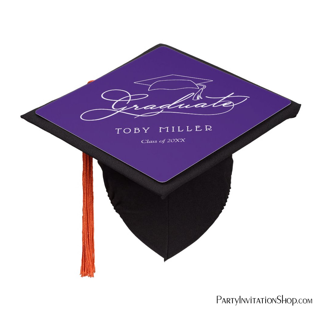 Graduate Elegant Script on Purple Graduation Cap Topper