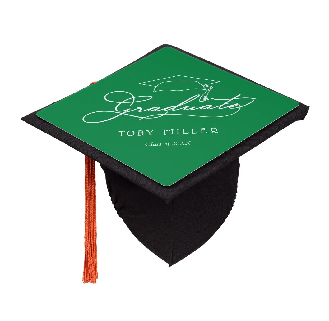 Graduate White Script on Green Graduation Cap Topper