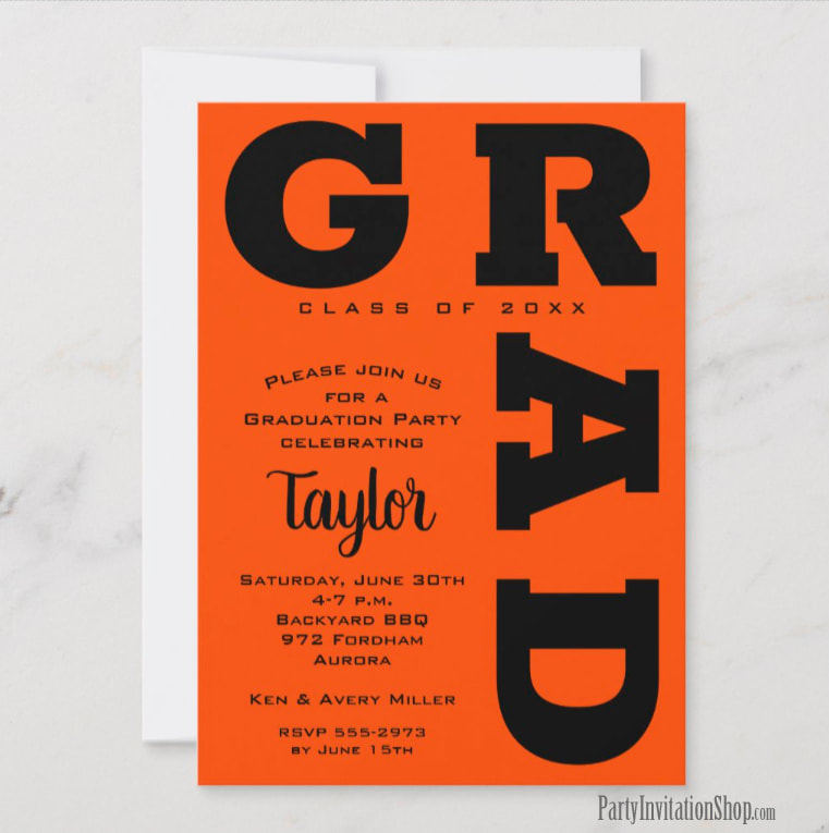 Bold GRAD | Black and Orange Graduation Invitations