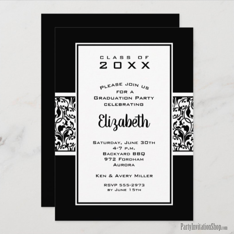Black and White Damask Graduation Party Invitations Announcements at PartyInvitationShop.com