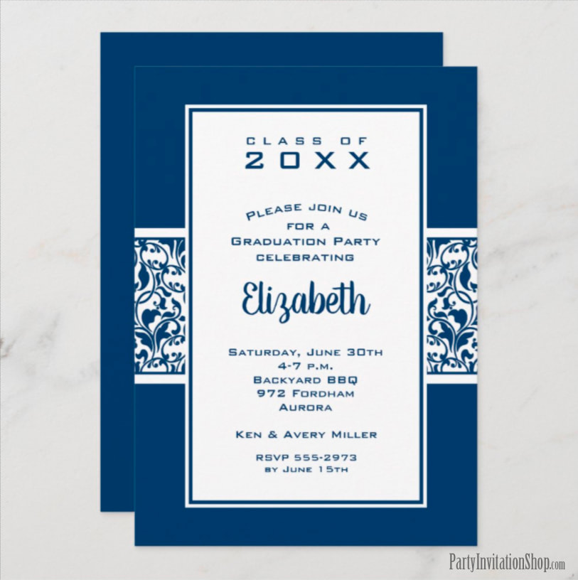 Blue and White Damask Graduation Party Invitations Announcements at PartyInvitationShop.com