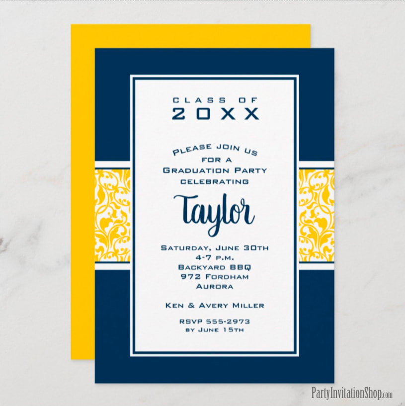 Michigan Wolverines Blue and Maize Yellow Damask Graduation Party Invitations Announcements at PartyInvitationShop.com