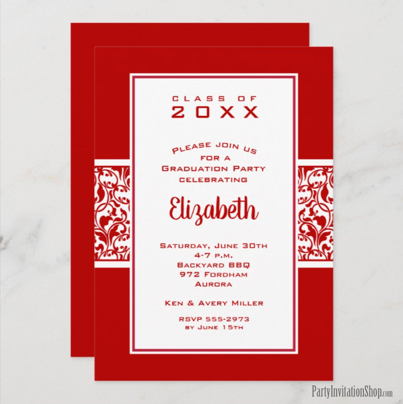 Crimson Red and White Damask Graduation Party Invitations Announcements at PartyInvitationShop.com