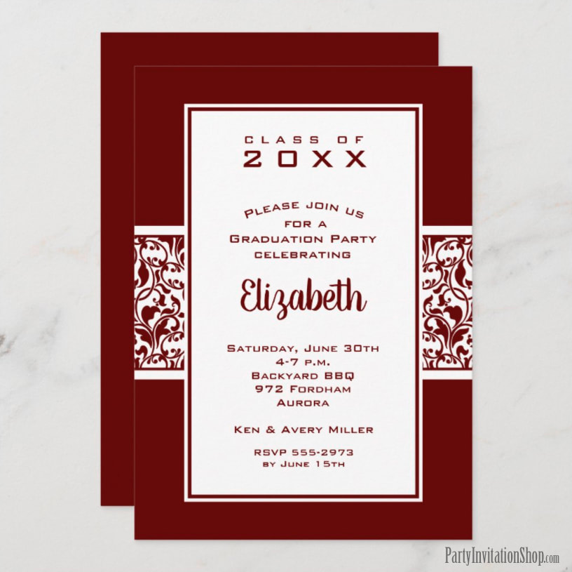 Dark Maroon and White Damask Graduation Party Invitations Announcements at PartyInvitationShop.com