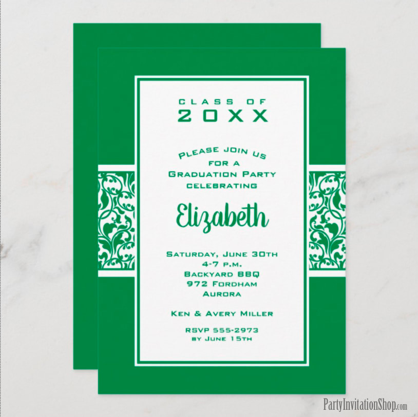 Green and White Damask Graduation Party Invitations Announcements at PartyInvitationShop.com