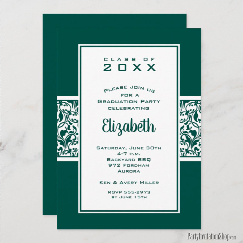 Dark Green and White Damask Graduation Party Invitations Announcements at PartyInvitationShop.com