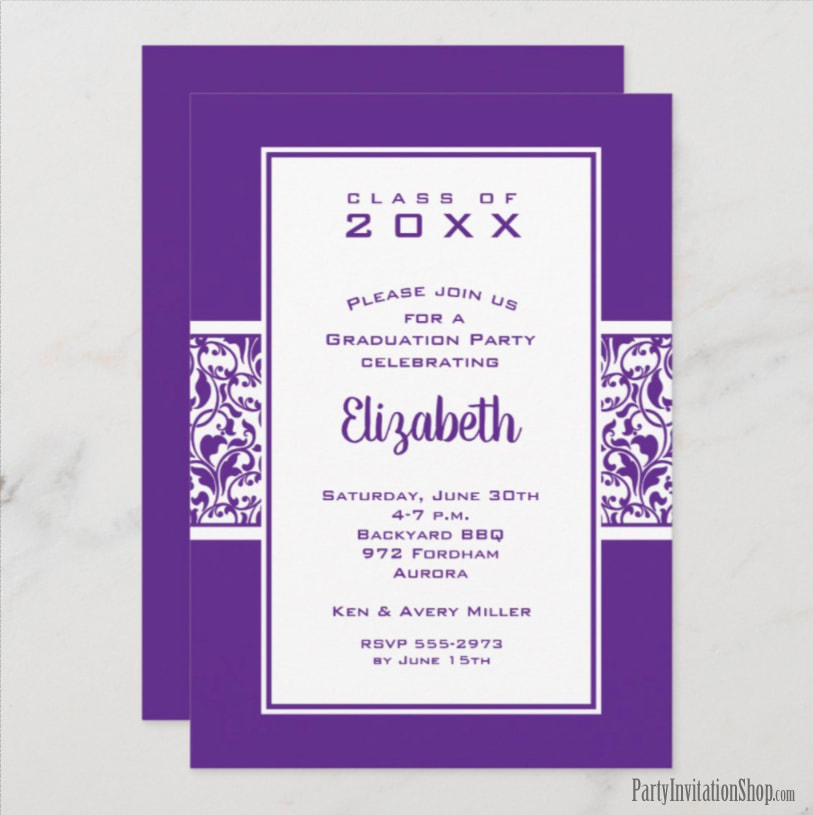 Purple and White Damask Graduation Party Invitations Announcements at PartyInvitationShop.com